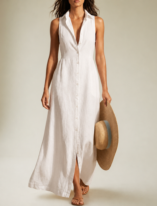 Anzio Linen Sleeveless Shirt Dress in White
