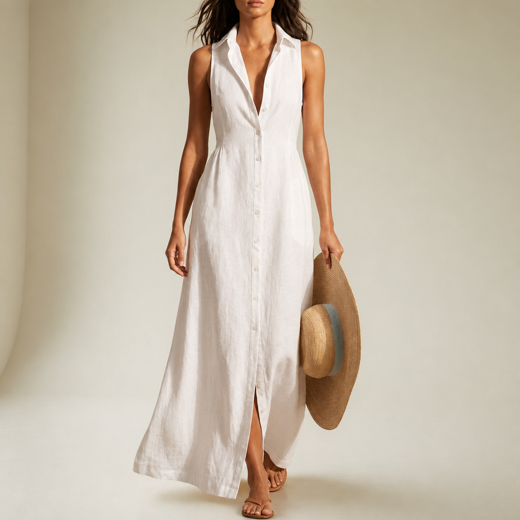 Anzio Linen Sleeveless Shirt Dress in White