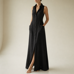 Anzio Linen Sleeveless Shirt Dress in Black