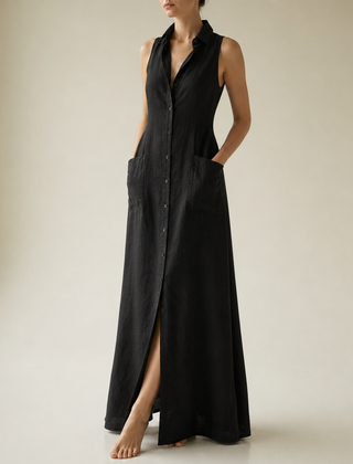 Anzio Linen Sleeveless Shirt Dress in Black