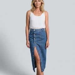 Women's Denim Skirt | Midi Length Button Front High Waist