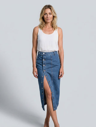 Women's Denim Skirt | Midi Length Button Front High Waist