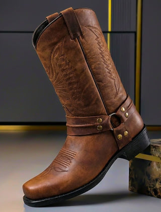 Cowboy Shoe For Men | Leather Western Almond Toe Stacked Heel