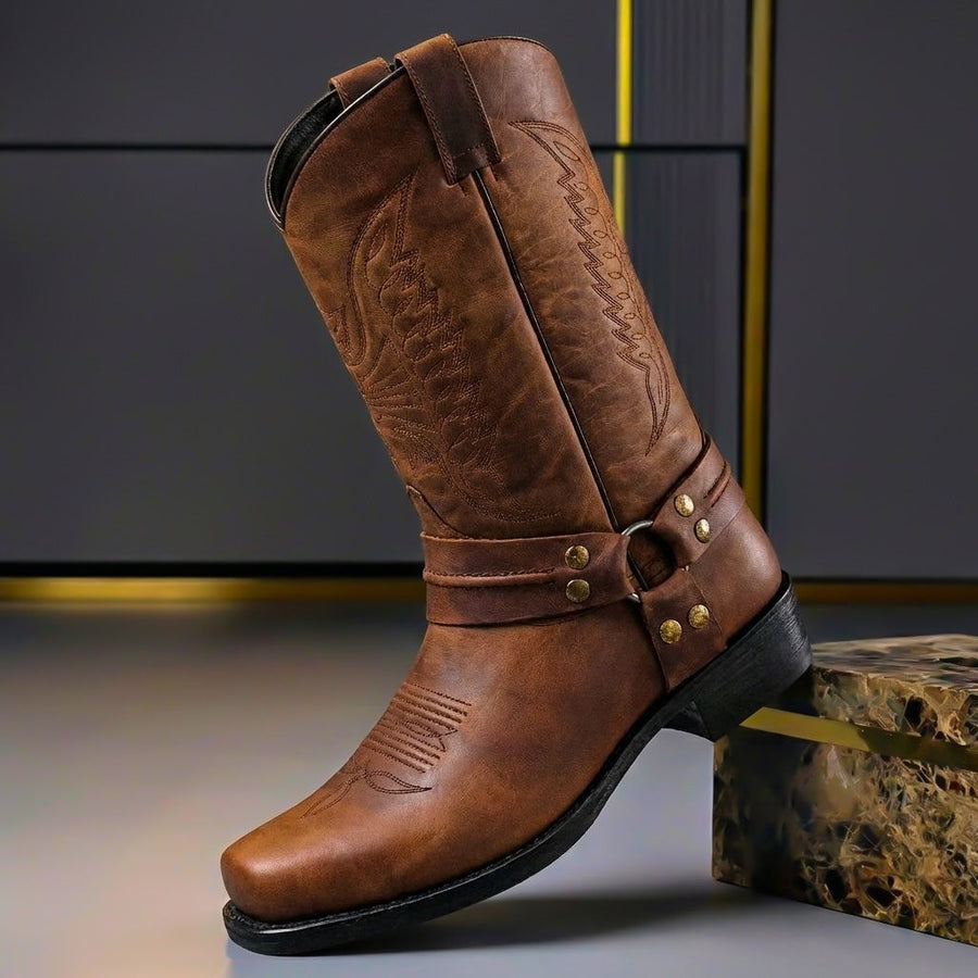 Cowboy Shoe For Men | Leather Western Almond Toe Stacked Heel