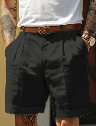 Men's Linen Shorts | Pleated Flat Front Rolled Hem Cotton