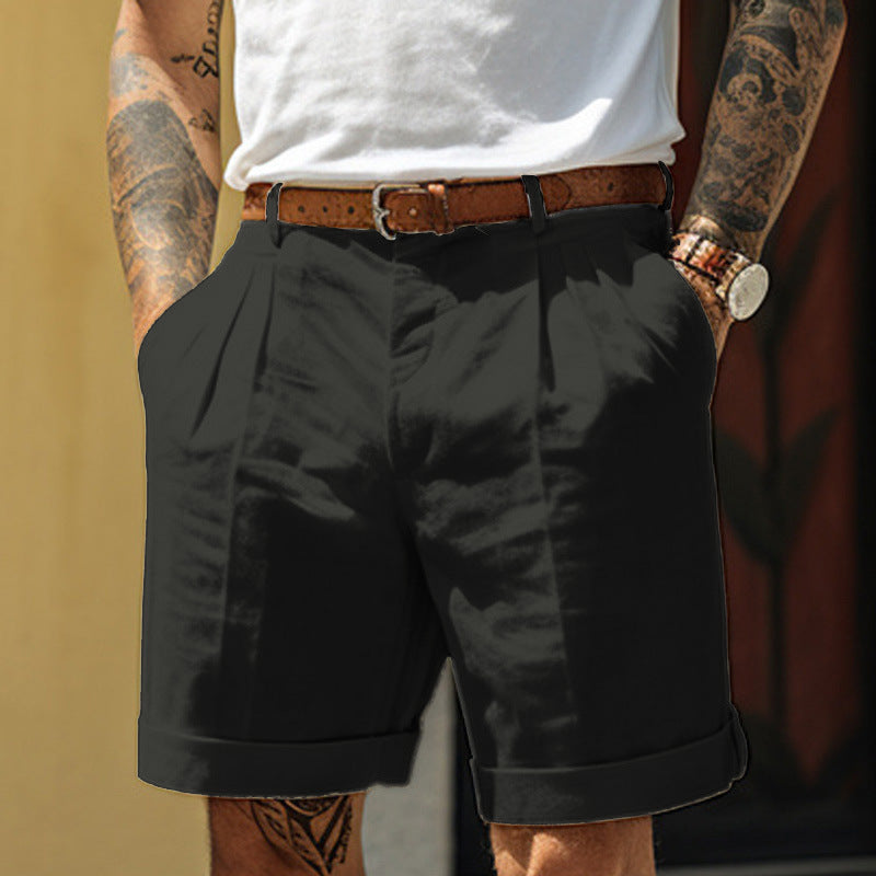 Men's Linen Shorts | Pleated Flat Front Rolled Hem Cotton