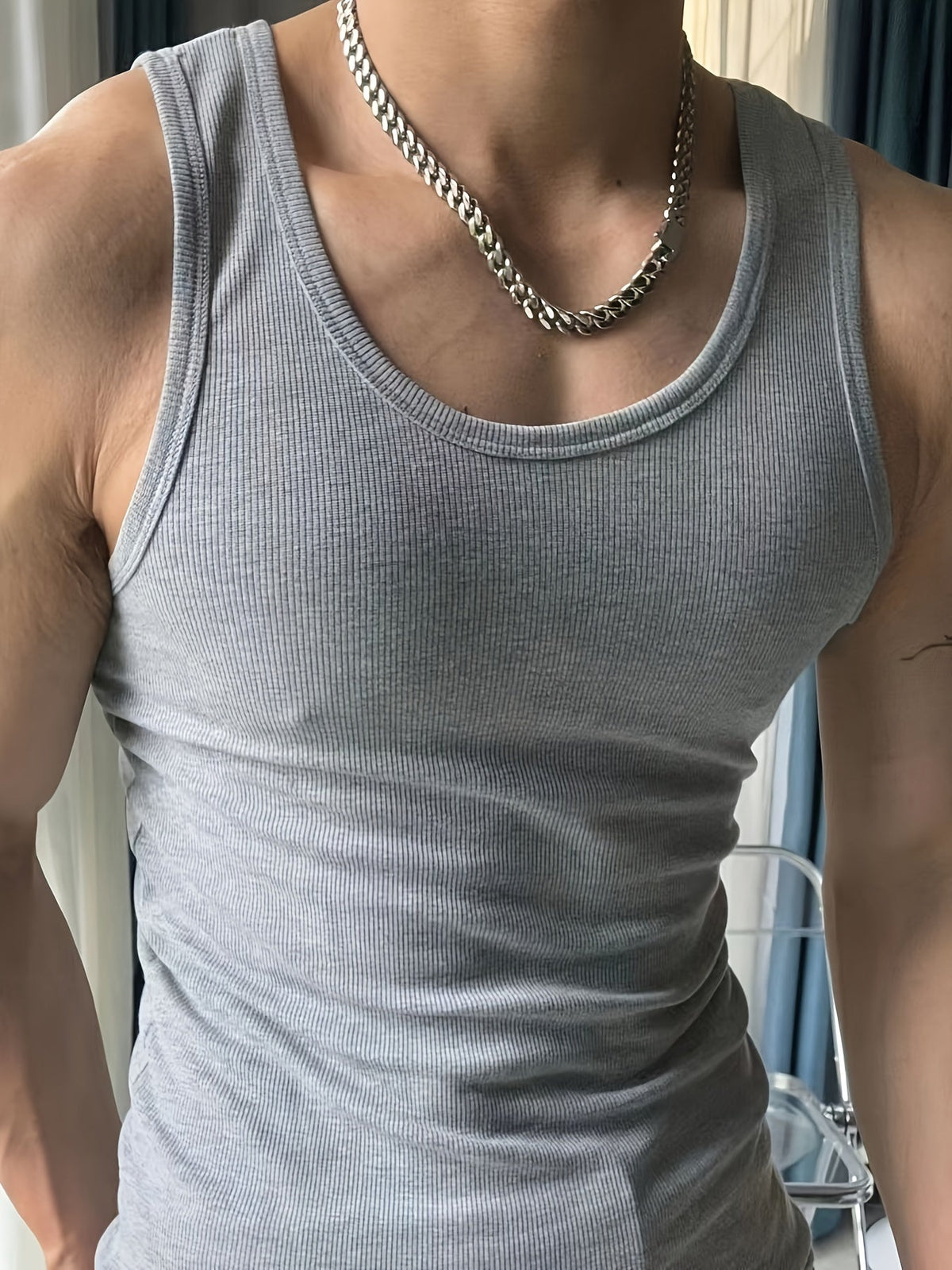 Men's Singlet Top | Crew Neck Knit Sleeveless Stretch