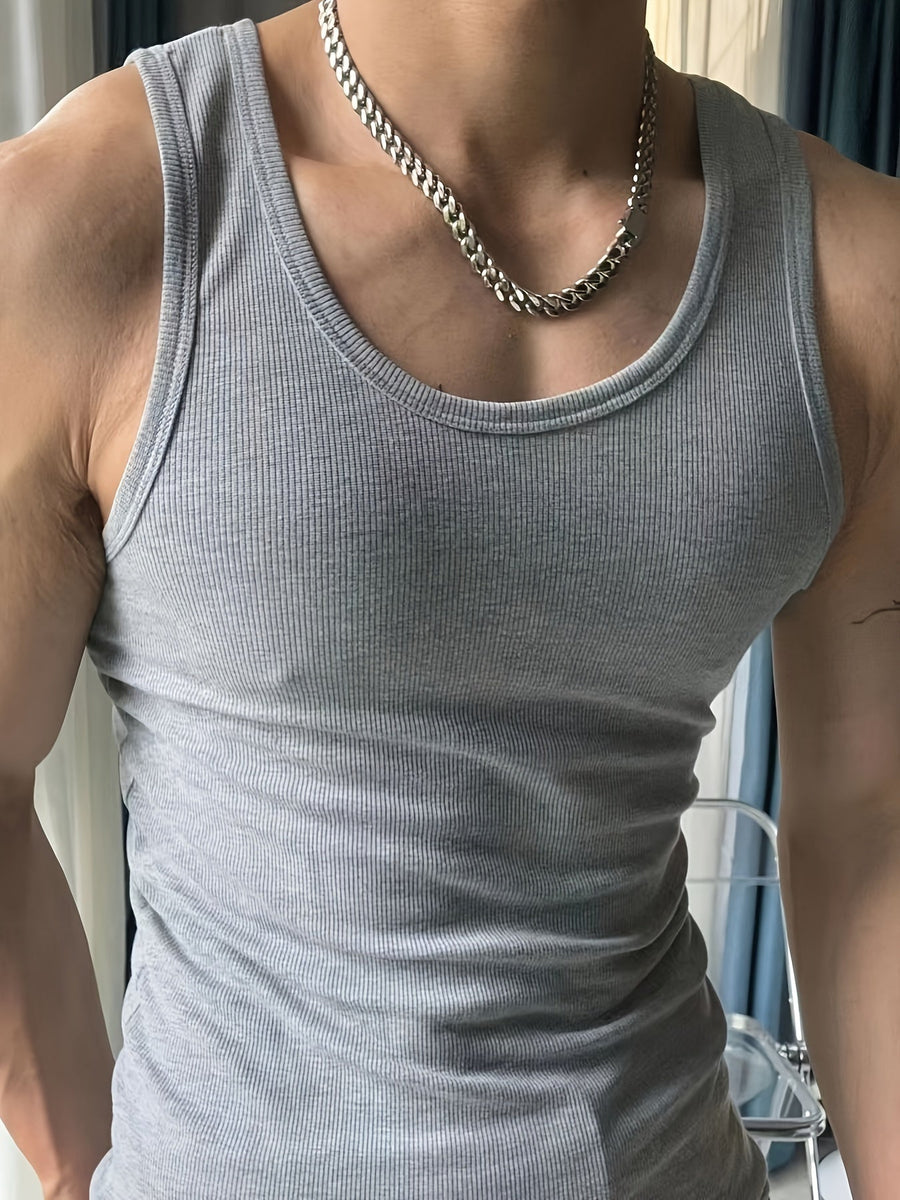 Men's Singlet Top | Crew Neck Knit Sleeveless Stretch