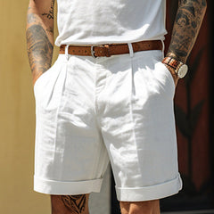 Men's Linen Shorts | Pleated Flat Front Rolled Hem Cotton