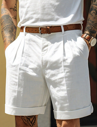 Men's Linen Shorts | Pleated Flat Front Rolled Hem Cotton