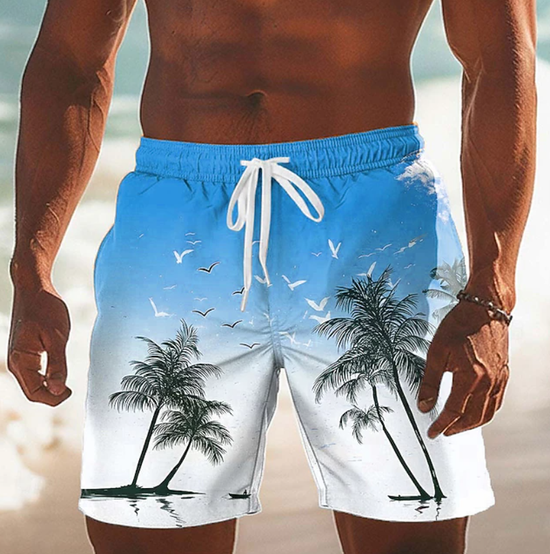 Men's Shorts | Palm Print Elastic Drawstring Relaxed Fit