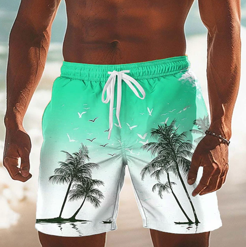 Men's Shorts | Palm Print Elastic Drawstring Relaxed Fit