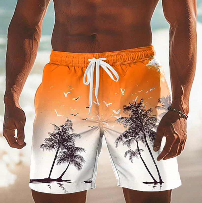 Men's Shorts | Palm Print Elastic Drawstring Relaxed Fit