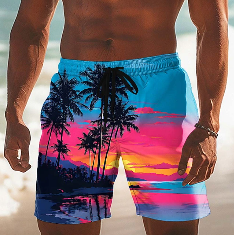 Men's Shorts | Palm Print Elastic Drawstring Relaxed Fit