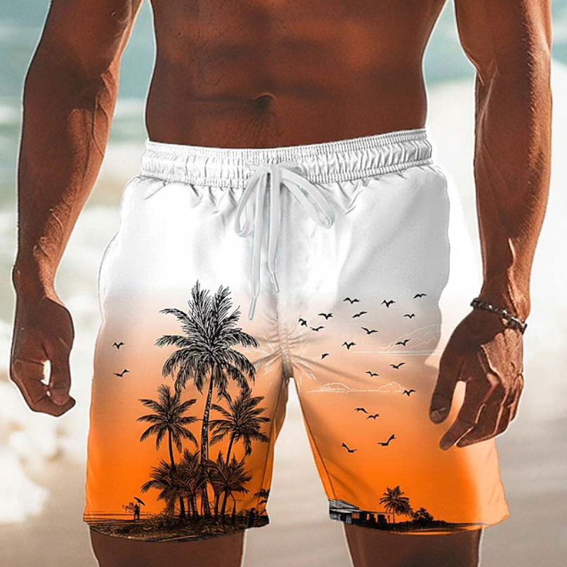 Men's Shorts | Palm Print Elastic Drawstring Relaxed Fit