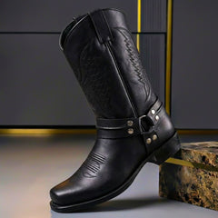 Cowboy Shoe For Men | Leather Western Almond Toe Stacked Heel