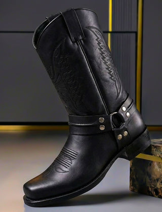Cowboy Shoe For Men | Leather Western Almond Toe Stacked Heel