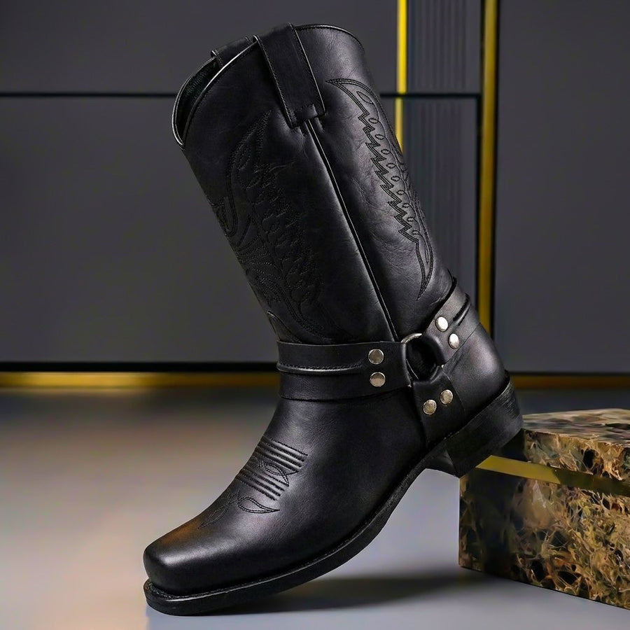 Cowboy Shoe For Men | Leather Western Almond Toe Stacked Heel