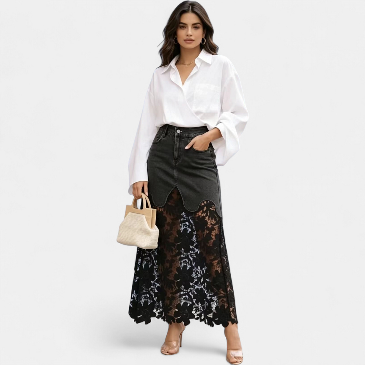Women's Denim Skirt | Maxi Lace Panel Button Front Scalloped