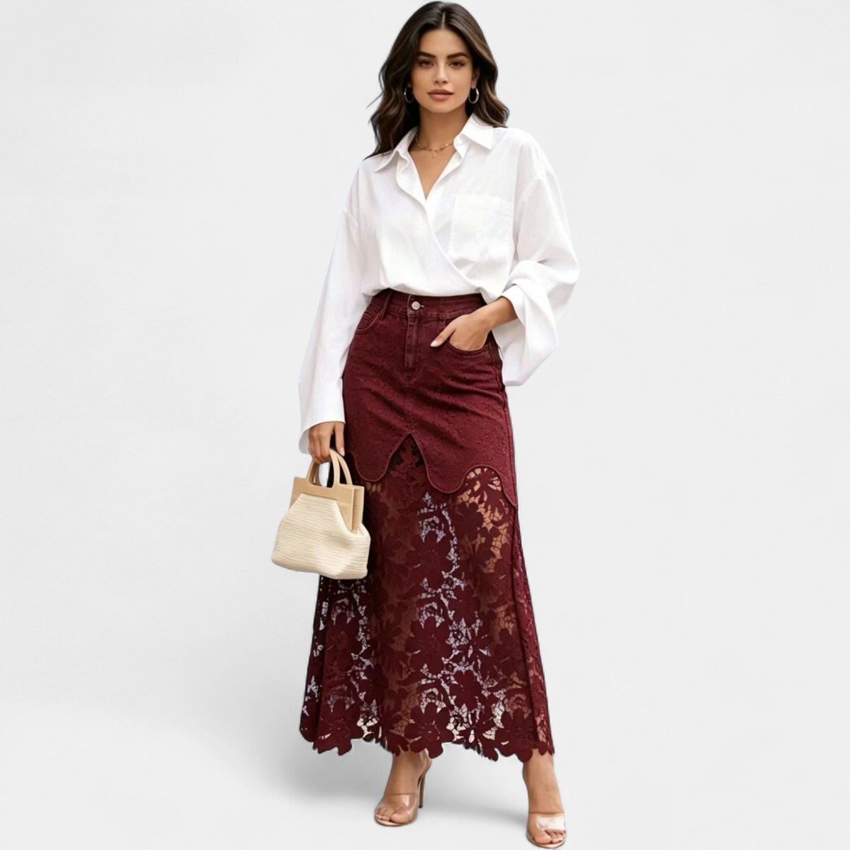 Women's Denim Skirt | Maxi Lace Panel Button Front Scalloped