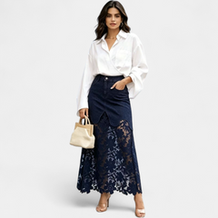 Women's Denim Skirt | Maxi Lace Panel Button Front Scalloped