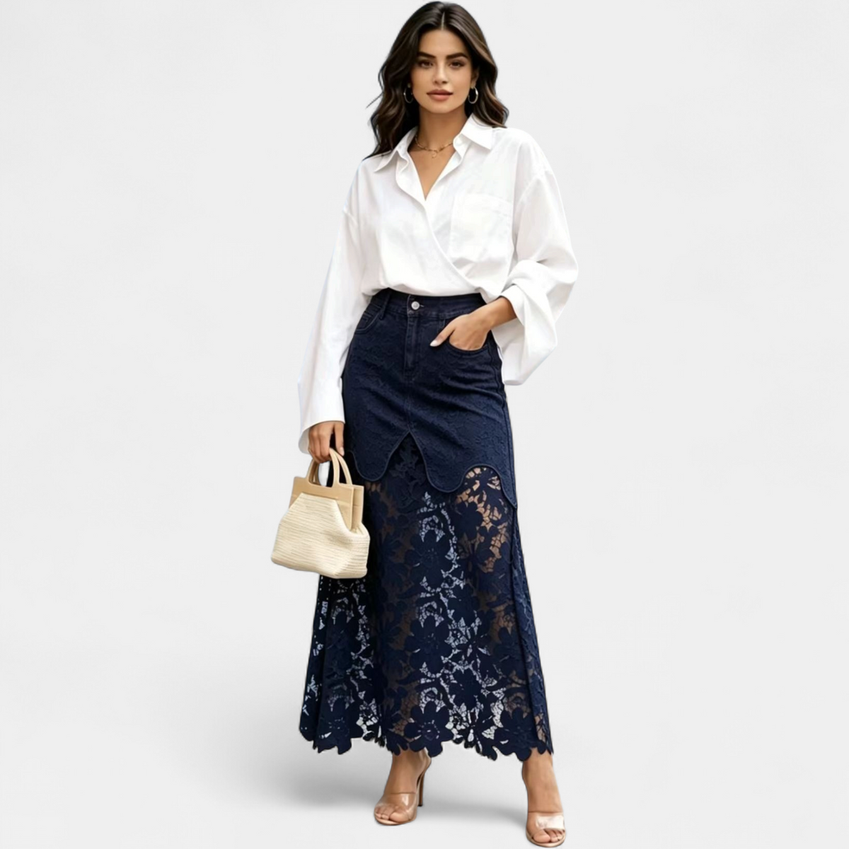Women's Denim Skirt | Maxi Lace Panel Button Front Scalloped