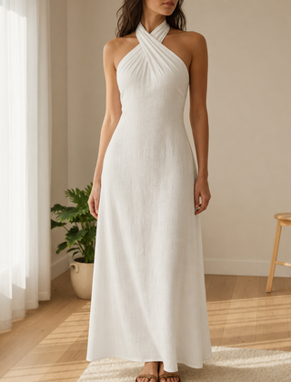 Como Linen Halter Maxi Dress in White