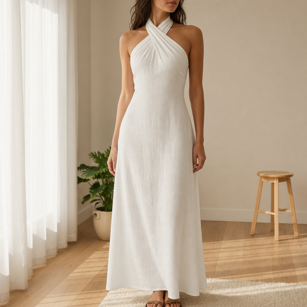 Como Linen Halter Maxi Dress in White