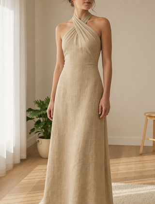 Como Linen Halter Maxi Dress in Khaki