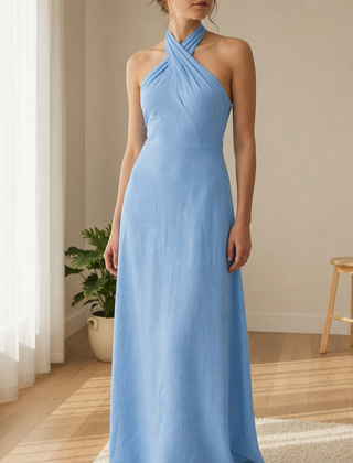 Como Linen Halter Maxi Dress in Sky