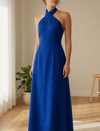 Como Linen Halter Maxi Dress in Navy
