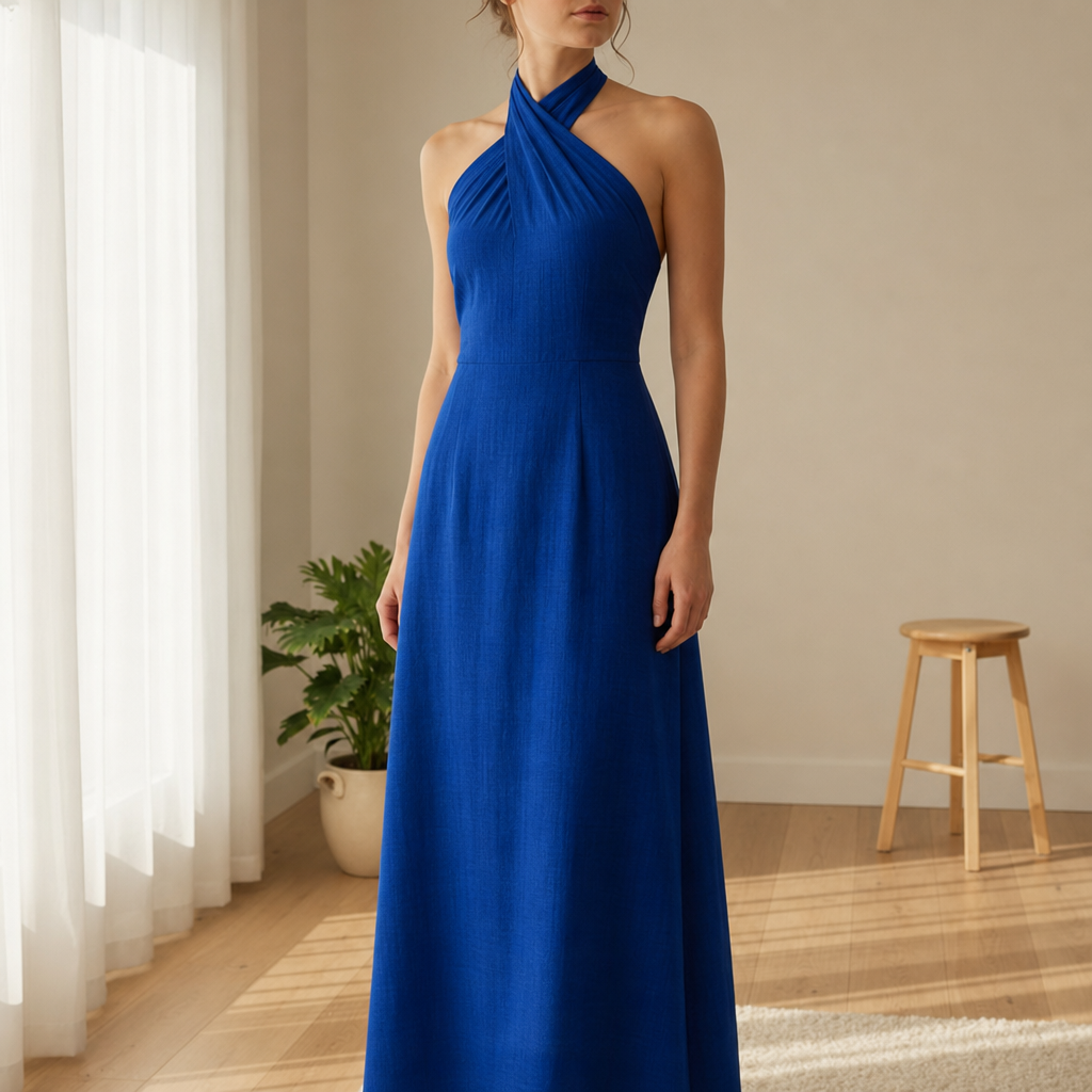 Como Linen Halter Maxi Dress in Navy