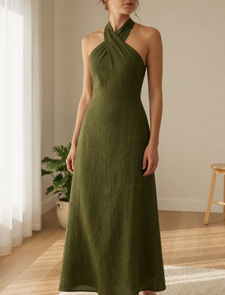 Como Linen Halter Maxi Dress in Olive