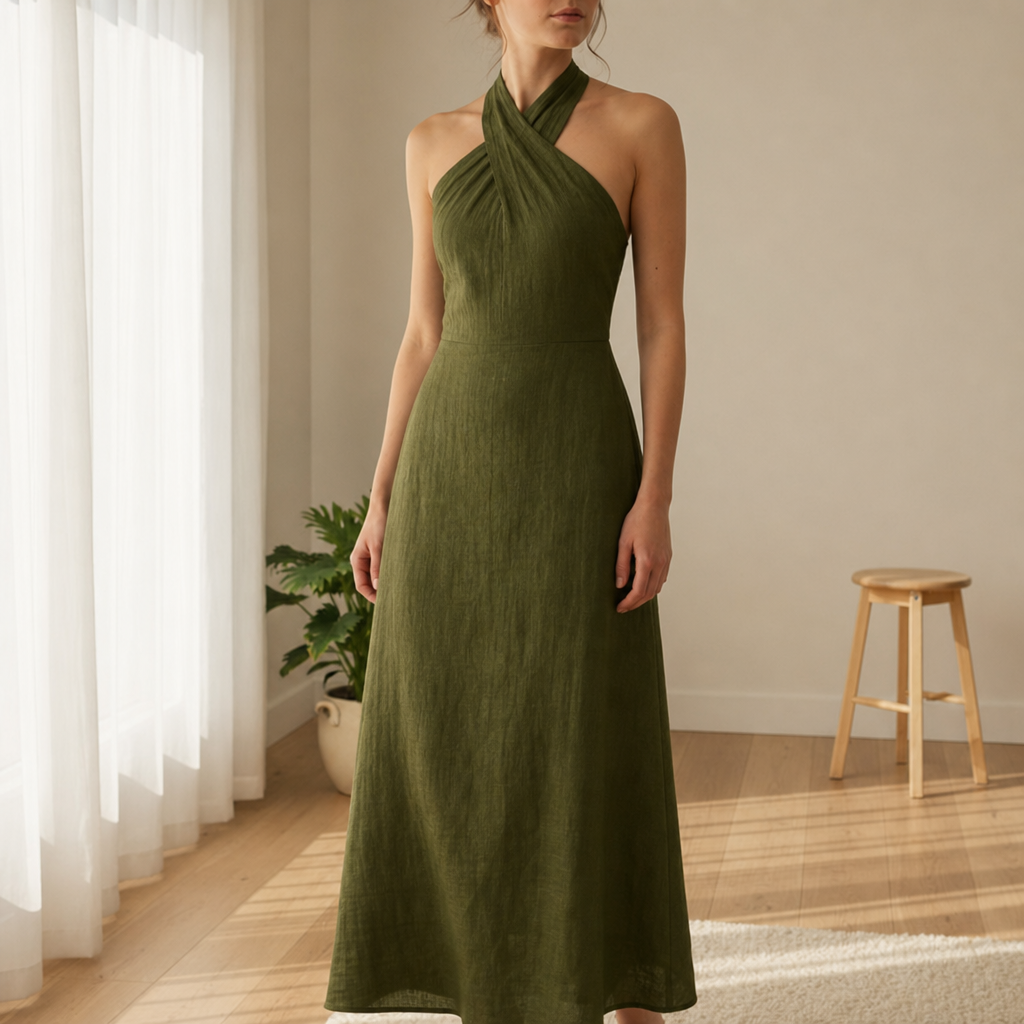 Como Linen Halter Maxi Dress in Olive