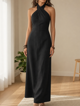 Como Linen Halter Maxi Dress in Black