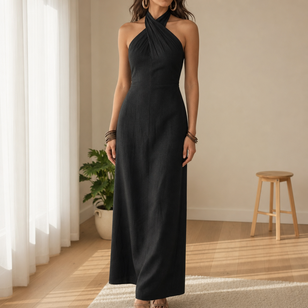 Como Linen Halter Maxi Dress in Black