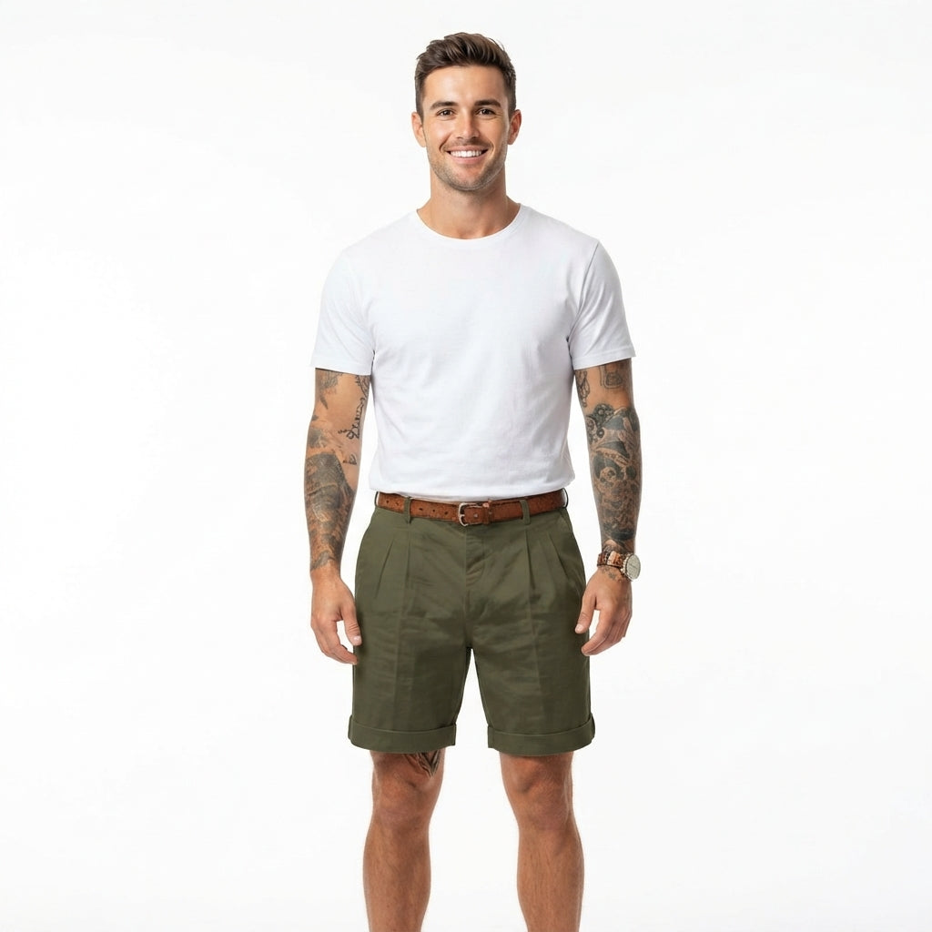 Men's Linen Shorts | Pleated Flat Front Rolled Hem Cotton
