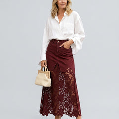 Women's Denim Skirt | Maxi Lace Panel Button Front Scalloped