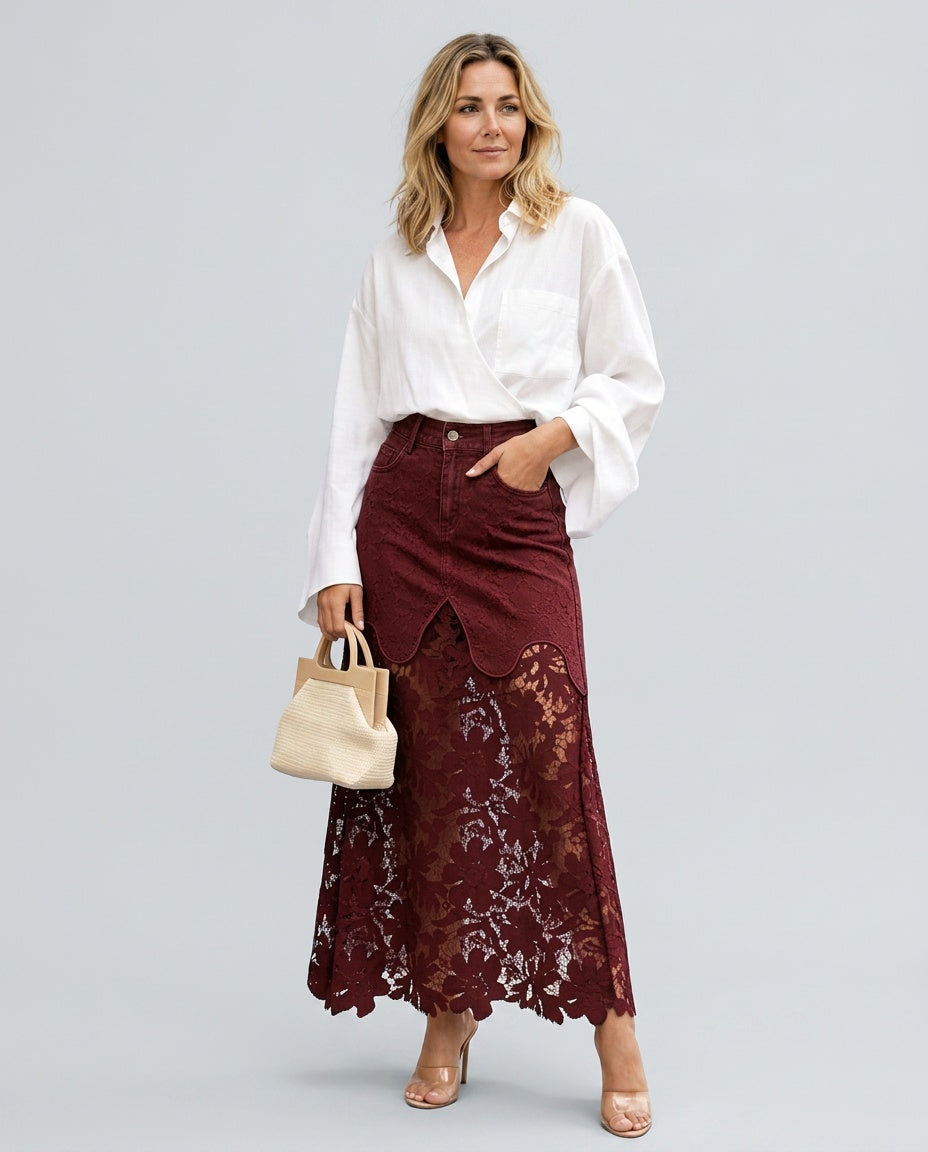 Women's Denim Skirt | Maxi Lace Panel Button Front Scalloped