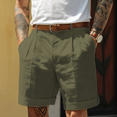 Men's Linen Shorts | Pleated Flat Front Rolled Hem Cotton