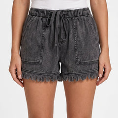 Women's Mini Shorts | Elastic Waist Raw Hem Denim