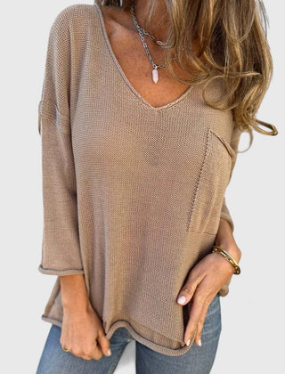Women's Top | V-Neck Long Sleeve Knit Pocket