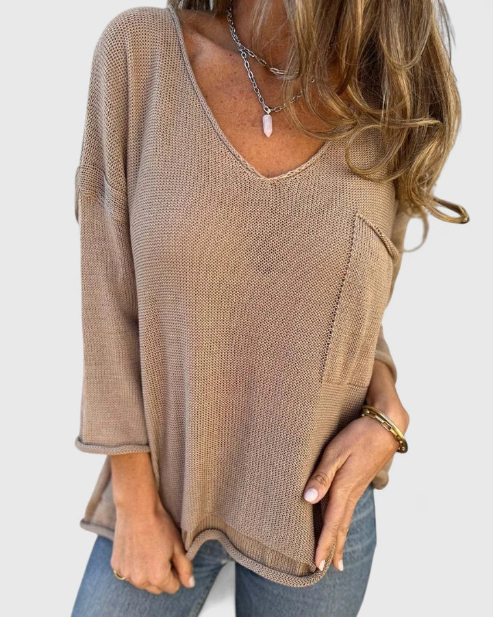 Women's Top | V-Neck Long Sleeve Knit Pocket