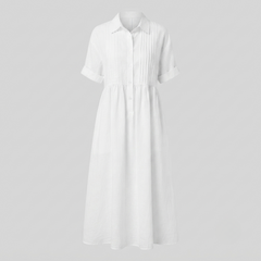 Women's White Dress | Maxi Shirt Collar Pintuck Button
