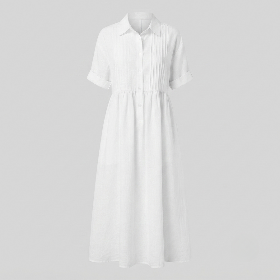 Women's White Dress | Maxi Shirt Collar Pintuck Button