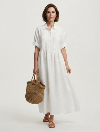 Women's White Dress | Maxi Shirt Collar Pintuck Button