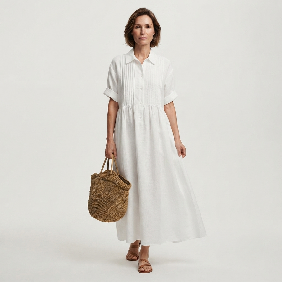 Women's White Dress | Maxi Shirt Collar Pintuck Button