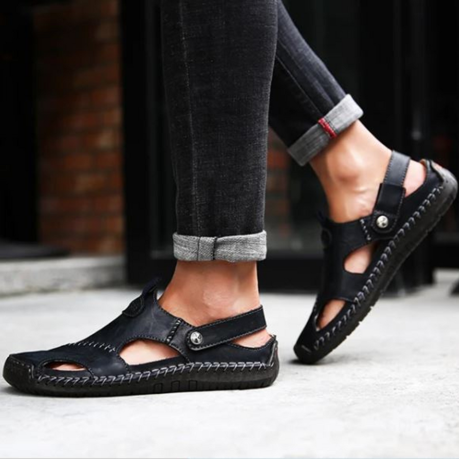 Men's Leather Sandals | Closed Toe Anti-Slip Sole Stitched