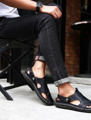 Men's Leather Sandals | Closed Toe Anti-Slip Sole Stitched