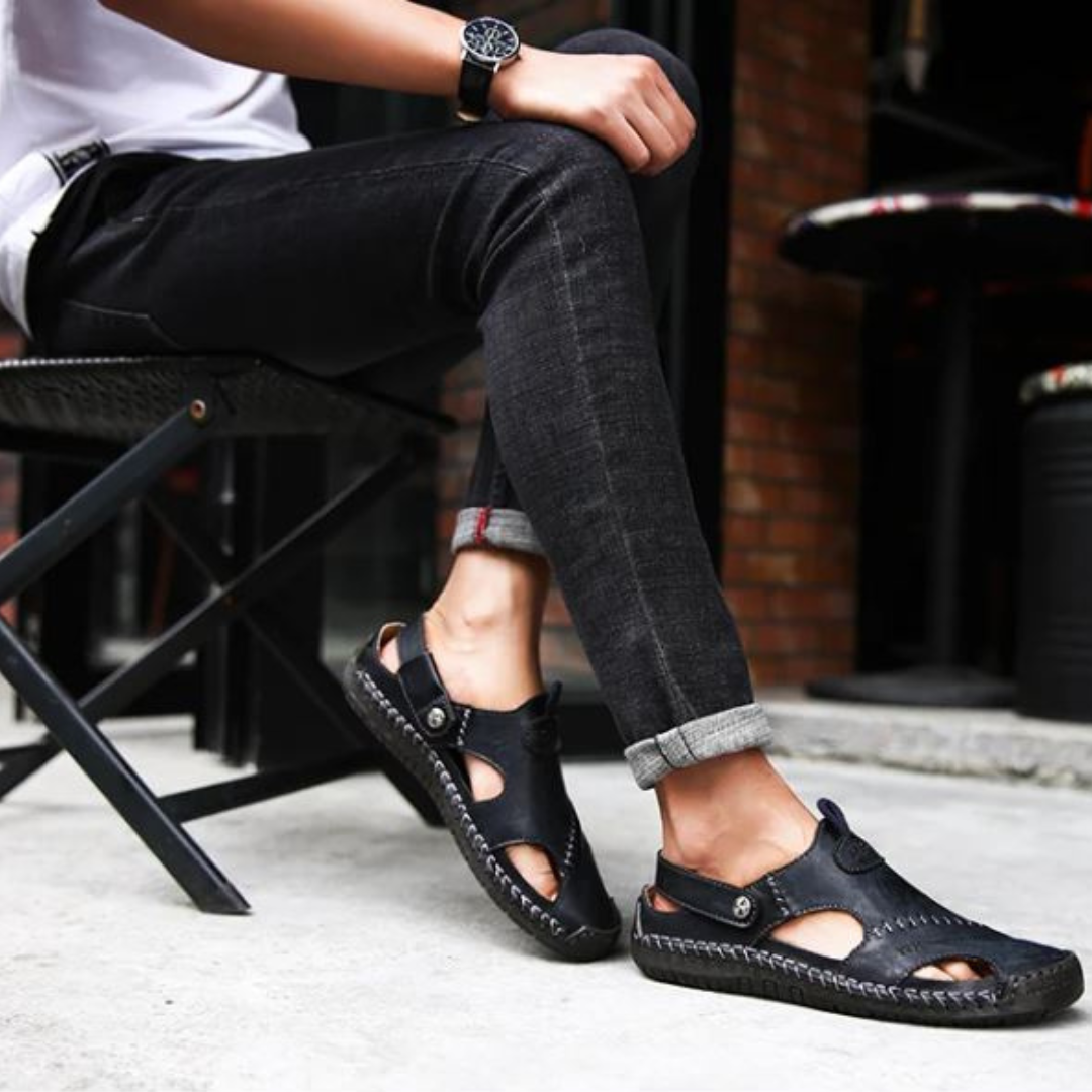Men's Leather Sandals | Closed Toe Anti-Slip Sole Stitched